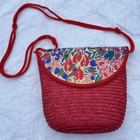 Vintage Ken Done Red Straw Beach Art Work Purse - Picture 1 of 6